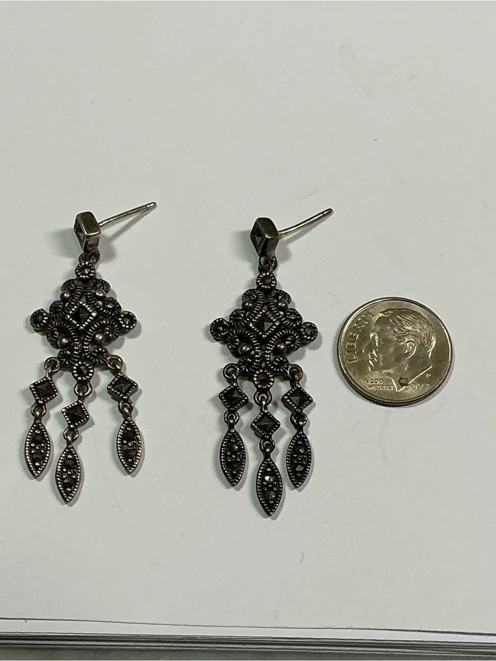 Sterling Silver Chandelier Style Dangle Earrings with Marcasite. 1.75” long